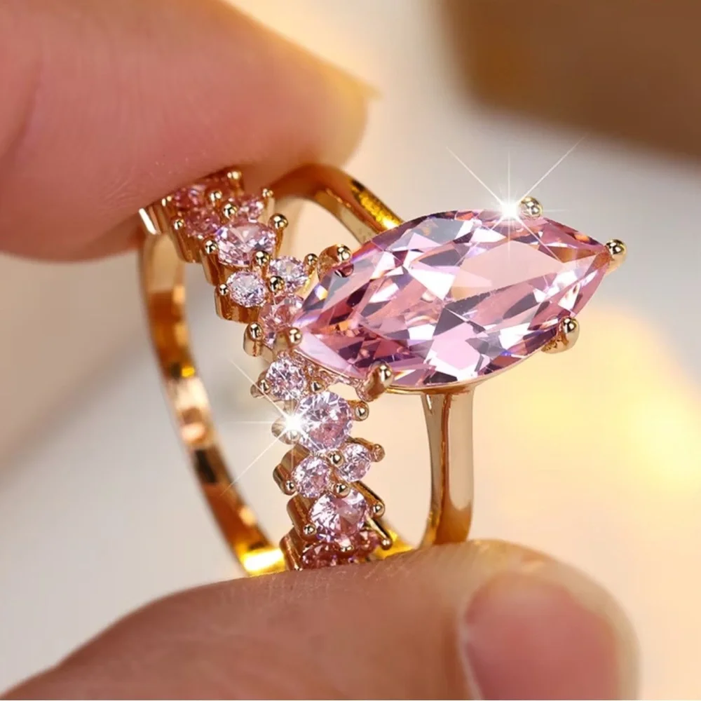 Beautiful Gold Crystal Pink Moissanite Gemstone Marquise Cut Ring - SIZE 8